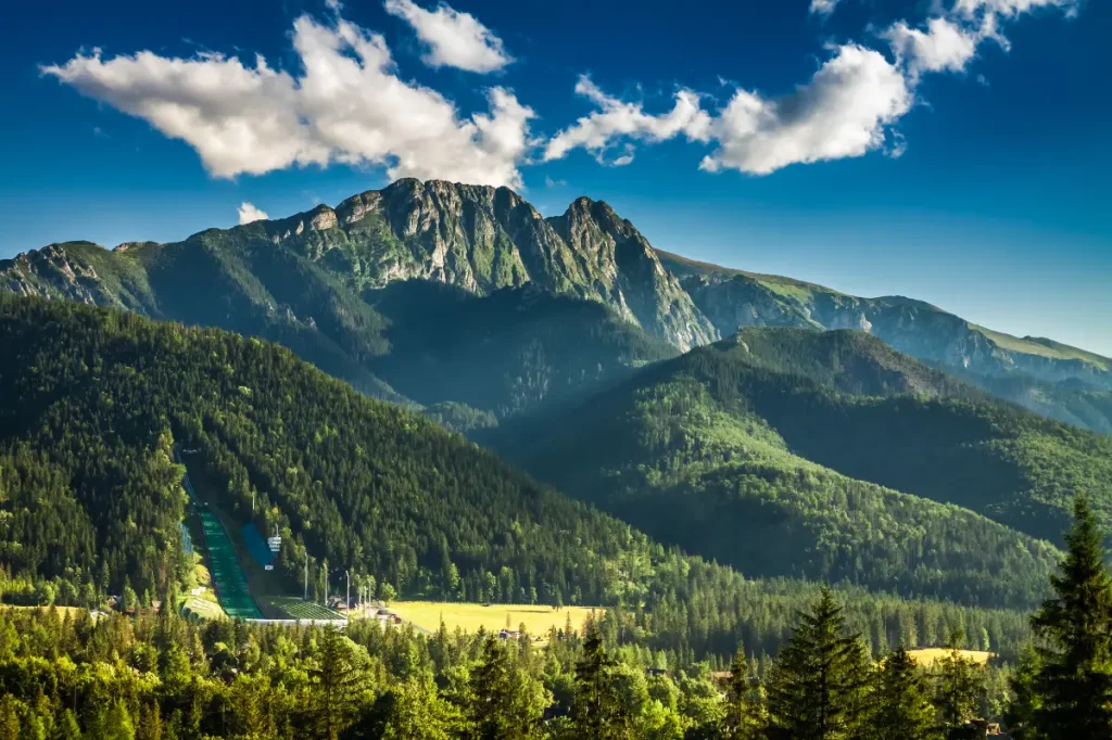 Malowniczy widok na Tatry z zielonymi zboczami lasami i skocznia narciarska u podnoza gor, Nocleg dla rodzin w Zakopanem z dogodnym dostepem do gorskich atrakcji i miejsc na rodzinny wypoczynek
